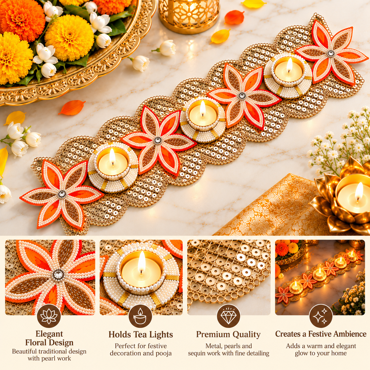 Designer Diwali Tea Light Holder Table Runner for Festive Home Decoration, Runner for Diwali Pooja, Lakshmi Pujan, Dining Table, Living Room and Indian Festival Decor