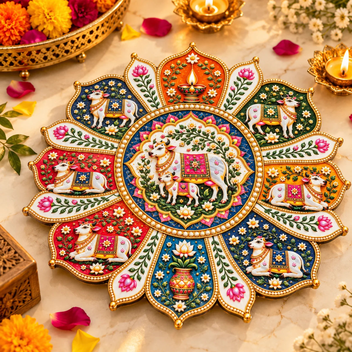 12 inch designer Kamdhenu cow and calf lotus shape rangoli for Diwali decoration and pooja room decor