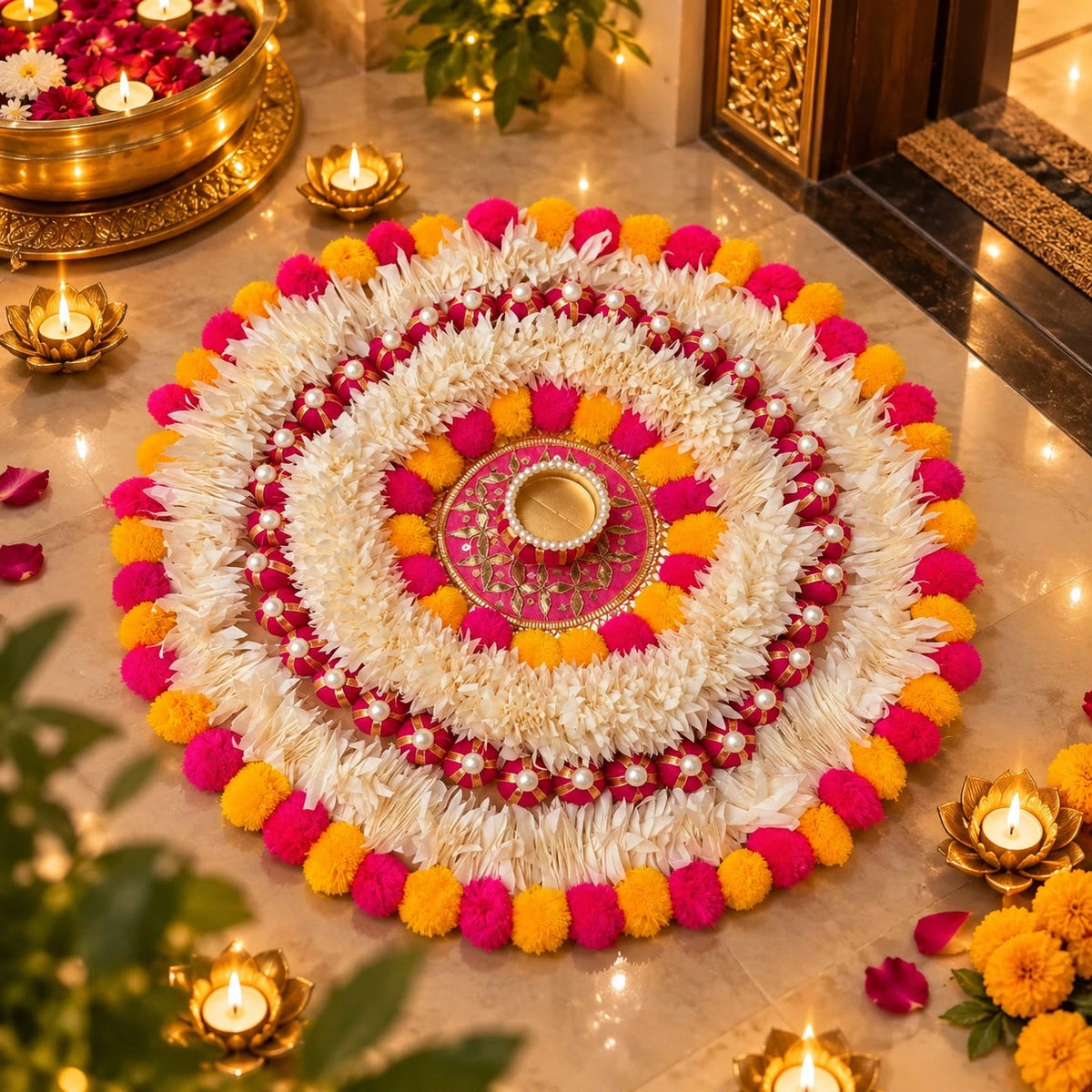 15 inch traditional flower rangoli in pink yellow and white floral design for Diwali decoration, pooja room decor and home entrance styling