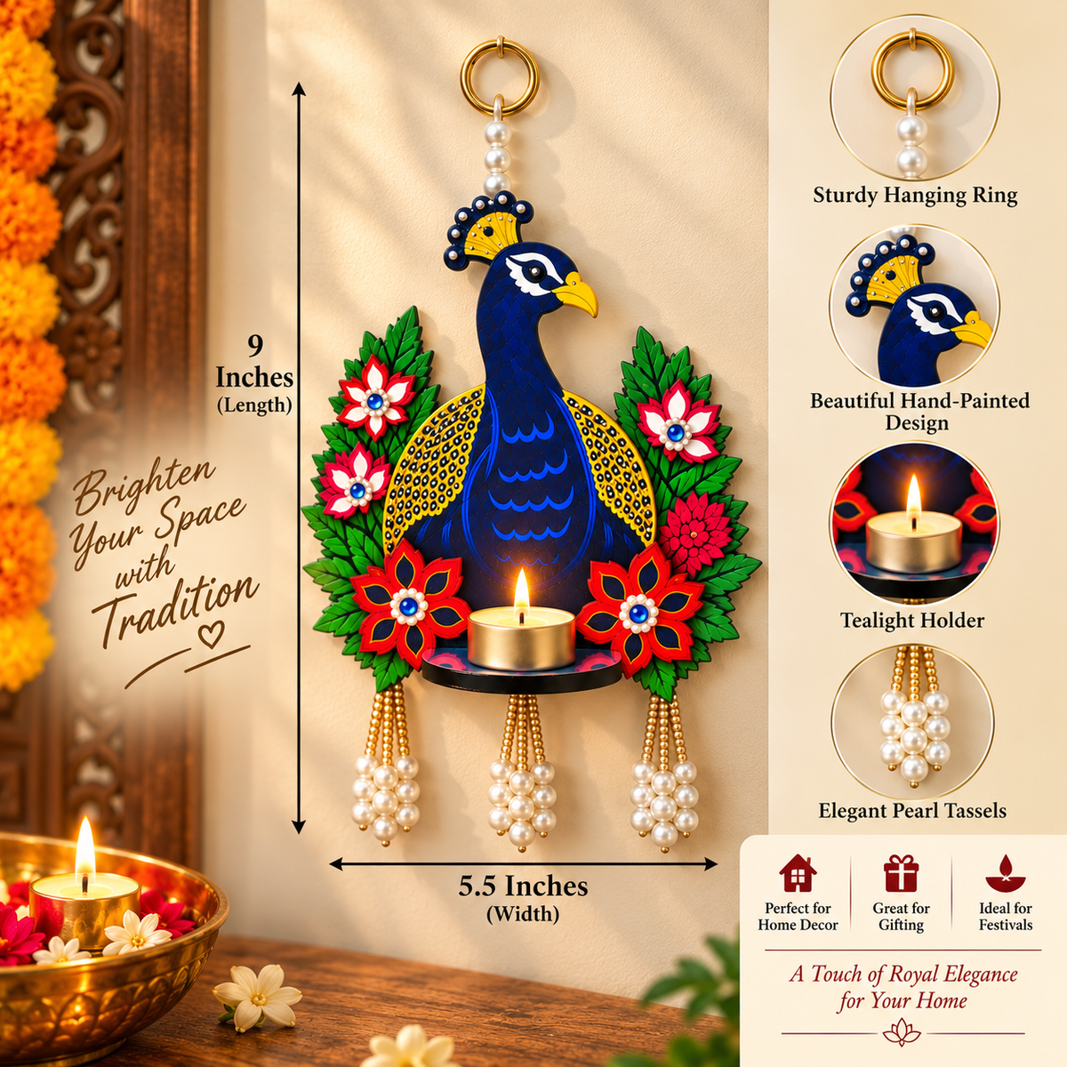 Decorative Peacock Tea Light Holder Hanging with Pearl Tassels for Diwali, Pooja & Festive Decor