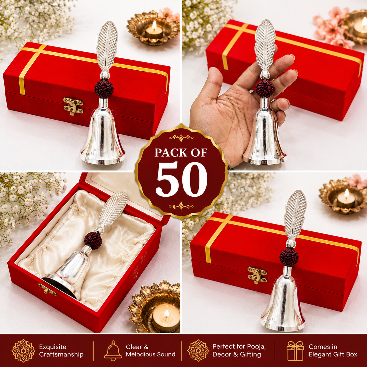 Premium German Silver Rudraksh Pooja Bell with Velvet Gift Box