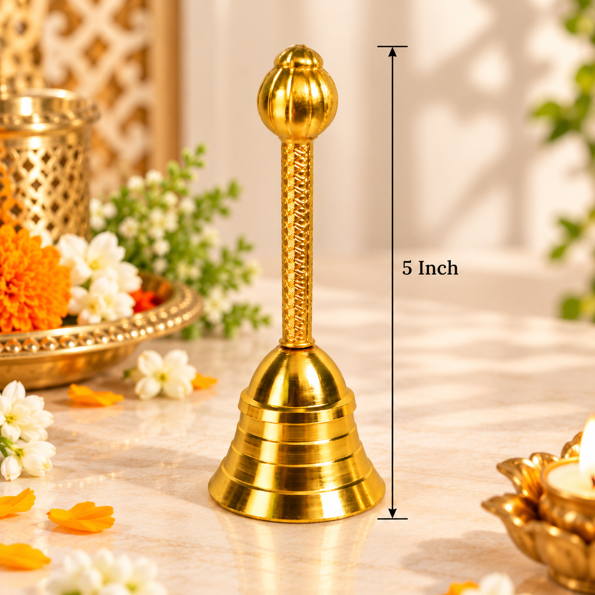 Brass Hindu Pooja Ghanti for Daily Worship, Aarti and Festival Rituals ( 5 inch )
