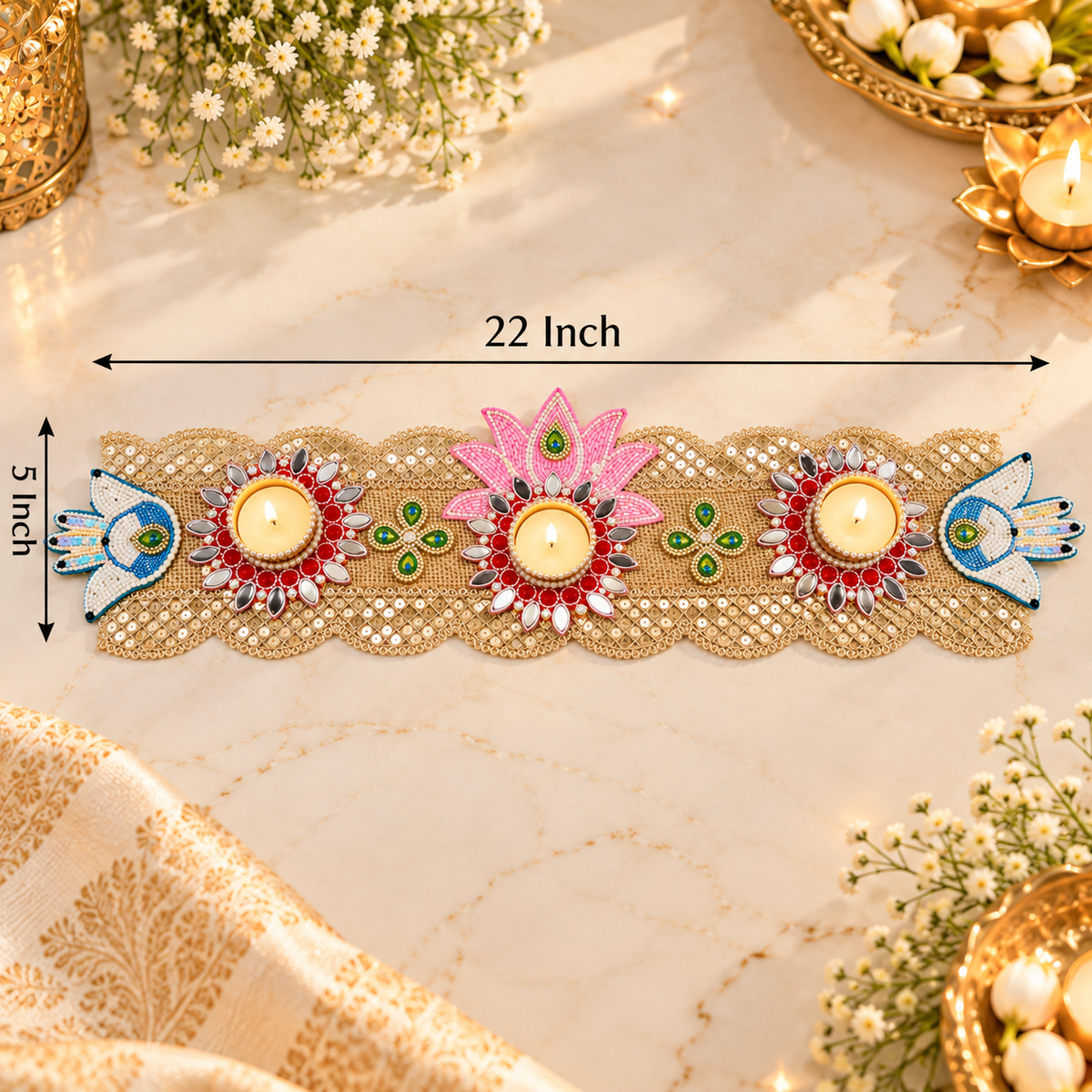 Designer Diwali Tea Light Table Runner with Pearl Beads and Mirror Work for Festive Dining Table, Pooja Room and Home Decoration