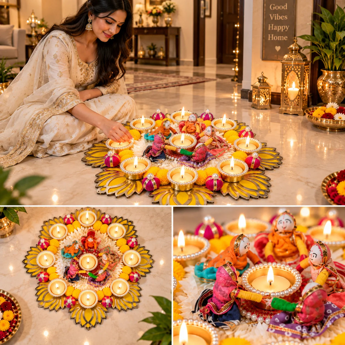 Handmade Diwali 15inch Rangoli with Tealight Diyas & Traditional Gudiya Decoration