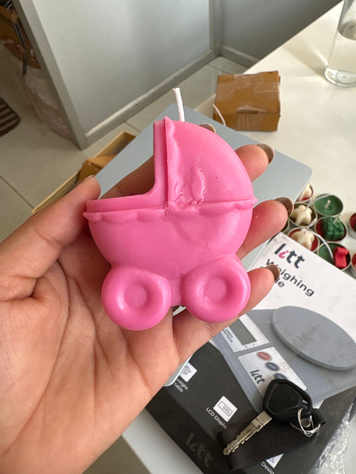 Baby carriage shape decorative candle for kids room decor and baby gifting