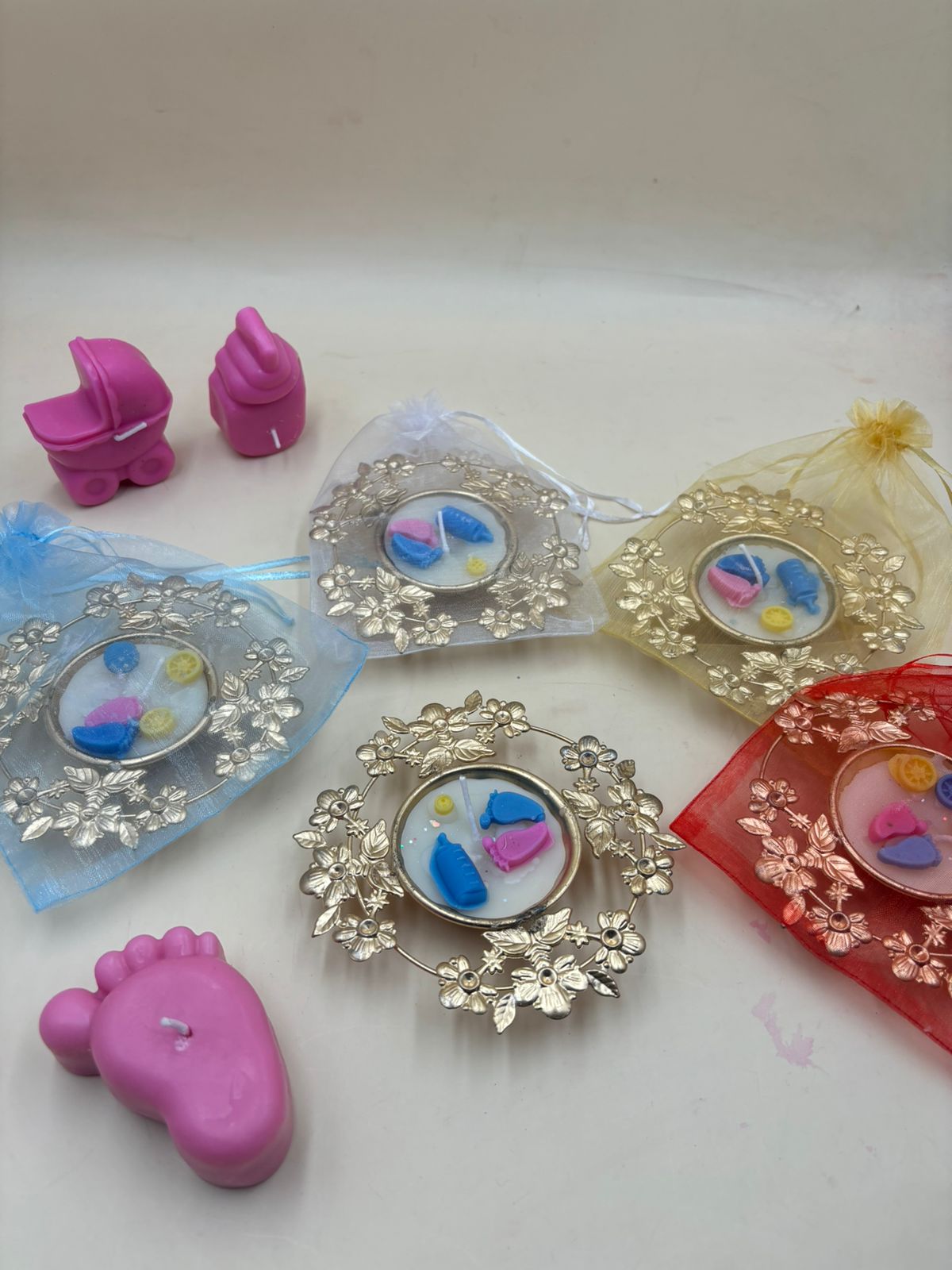 Baby theme decorative candle with flower design metal stand for baby shower and home decor