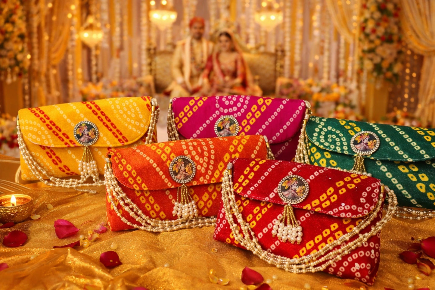 Traditional Bandhej print purse with decorative Krishna pandal, perfect for festive gifting and spiritual return gifts.