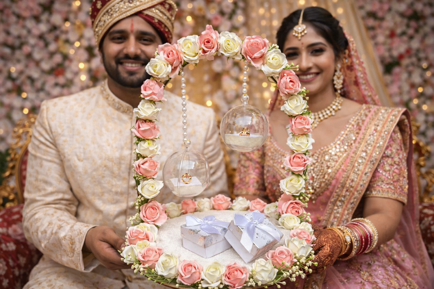 Designer floral engagement ring platter in blush pink theme