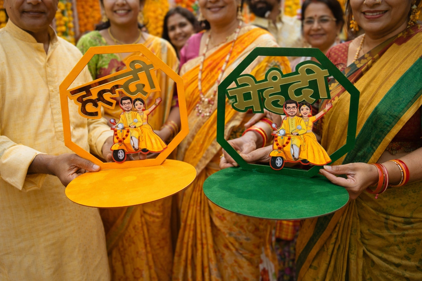 Mehndi function thali with bride groom cutout for Indian wedding celebrations