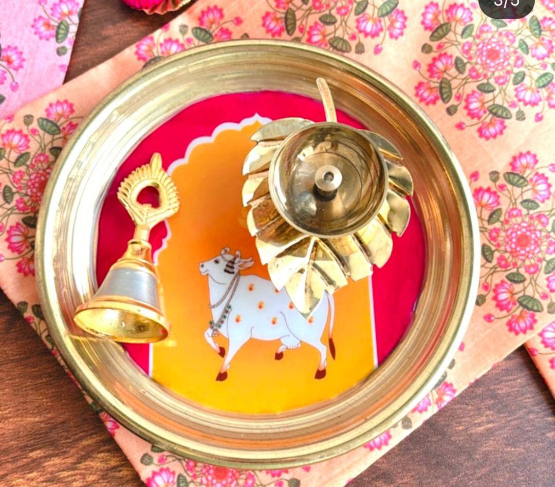 Cow design pooja thali set for daily worship and temple rituals
