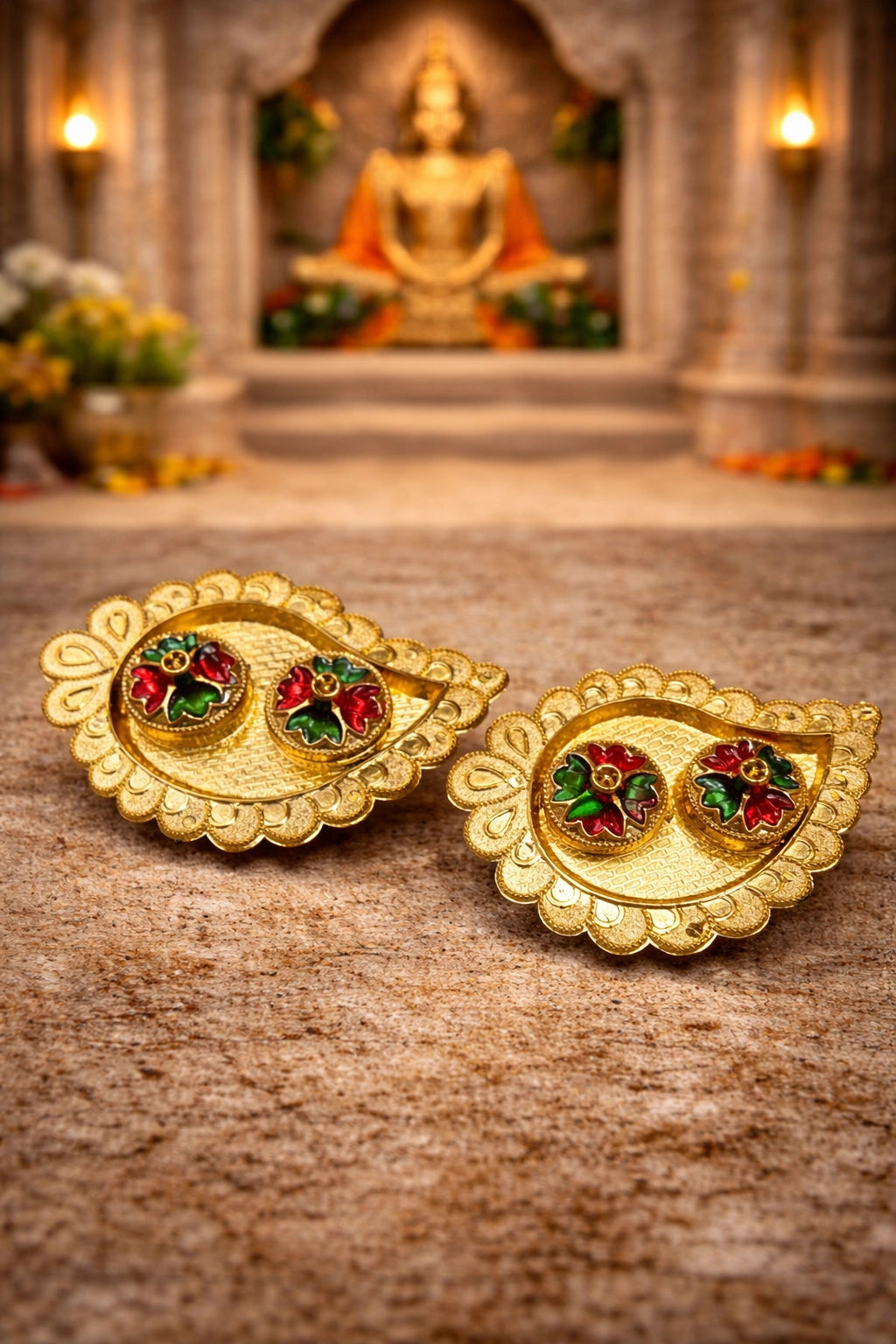 Decorative keary design roli chawal plate with bowls used for Hindu puja and tilak rituals