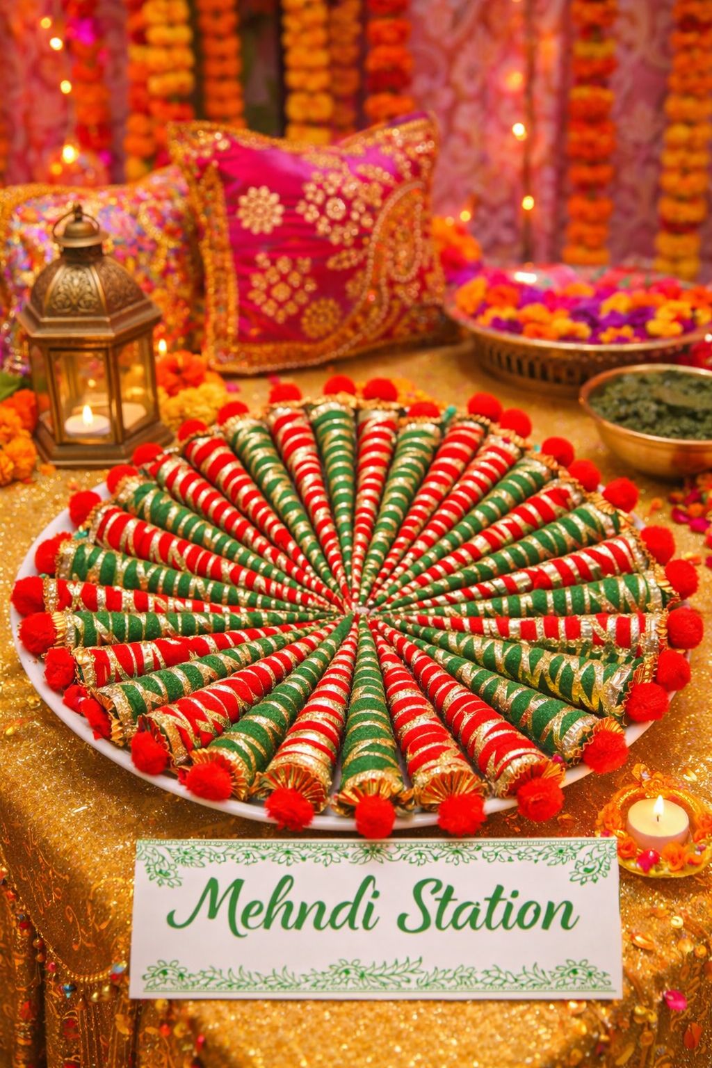 Decorative mehndi cone arrangement for wedding mehndi ceremony and event decoration