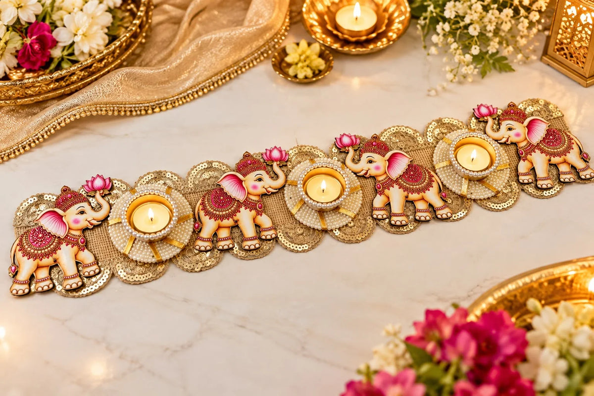 Designer elephant table runner with tealight holder design for Diwali decoration and festive home decor.