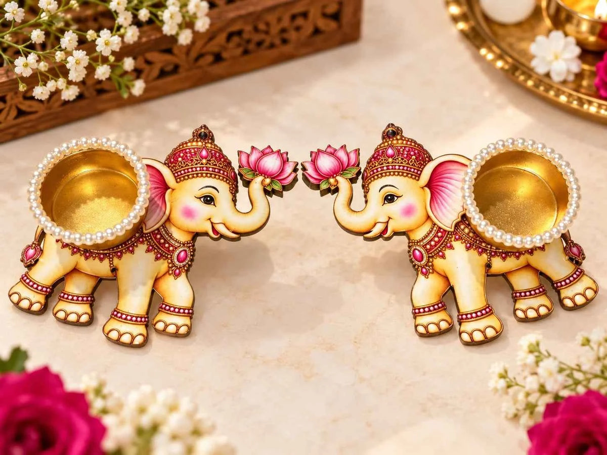 Designer Elephant Tea Light Holder Pair with Pearl Work | Diwali Pooja Decor & Home Decoration ( pair )
