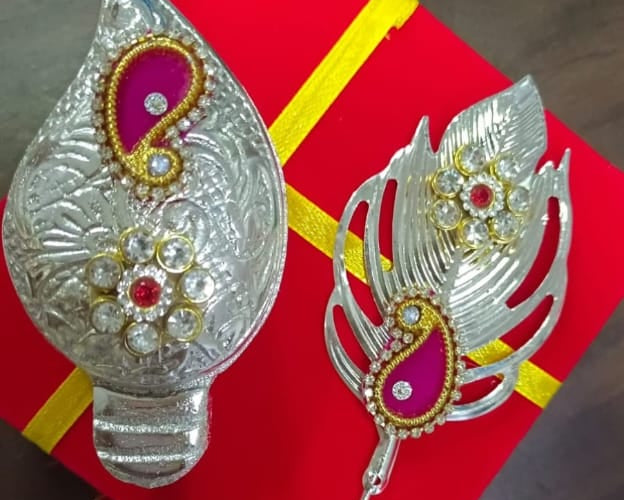 Designer German silver tilak and stick set with kundan work chopda for pooja and religious rituals