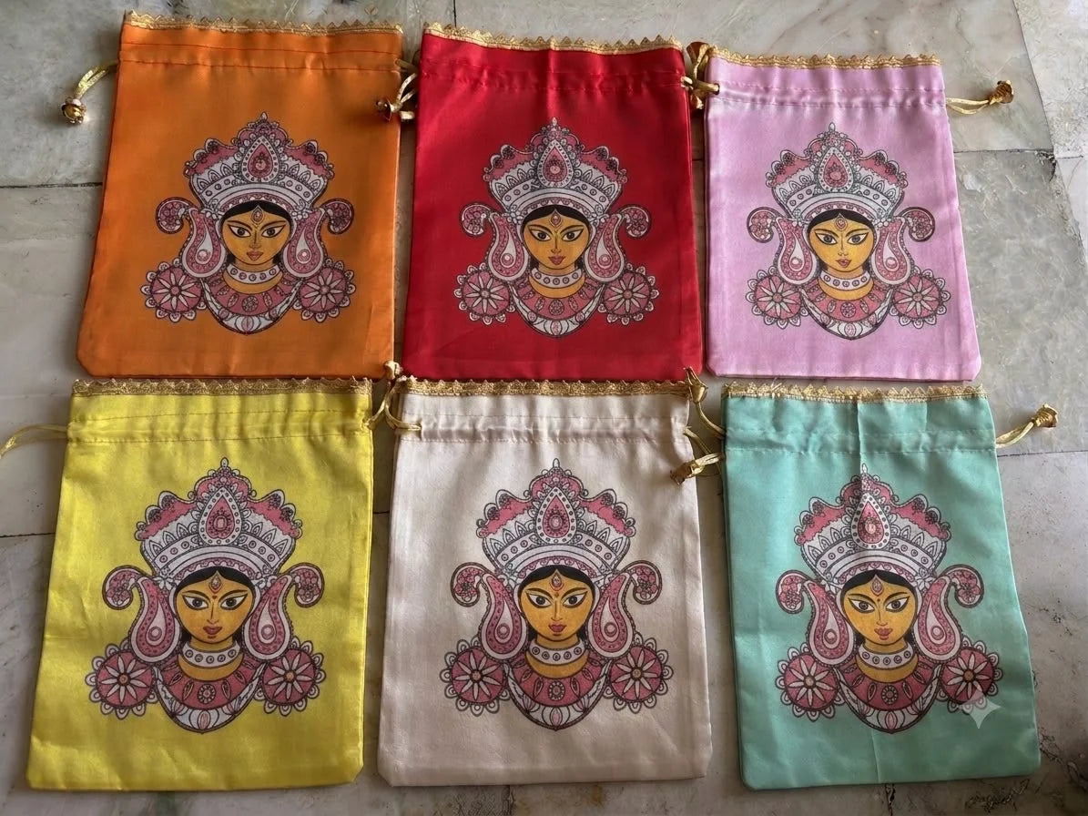 Designer satin Goddess Durga potli bag for Navratri, pooja and festive return gifts