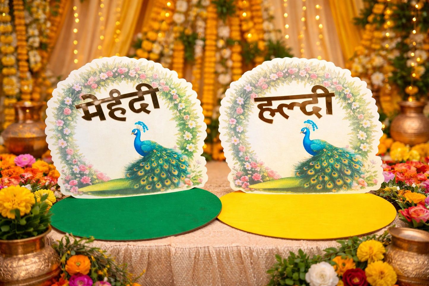 Designer haldi mehndi platter with peacock floral artwork for wedding rituals