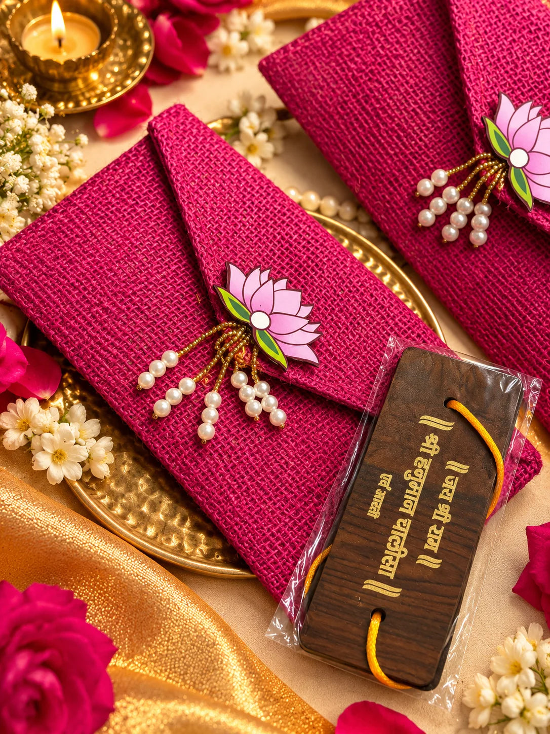 Designer jute envelope with Hanuman Chalisa religious return gift for pooja and wedding