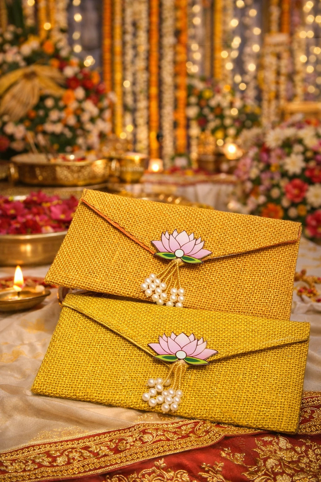 Designer jute envelope with lotus motif for Indian wedding gifts