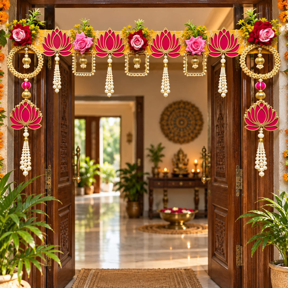 Designer Lotus Shubh Labh Toran with Pearl Hangings for Diwali Door Decoration
