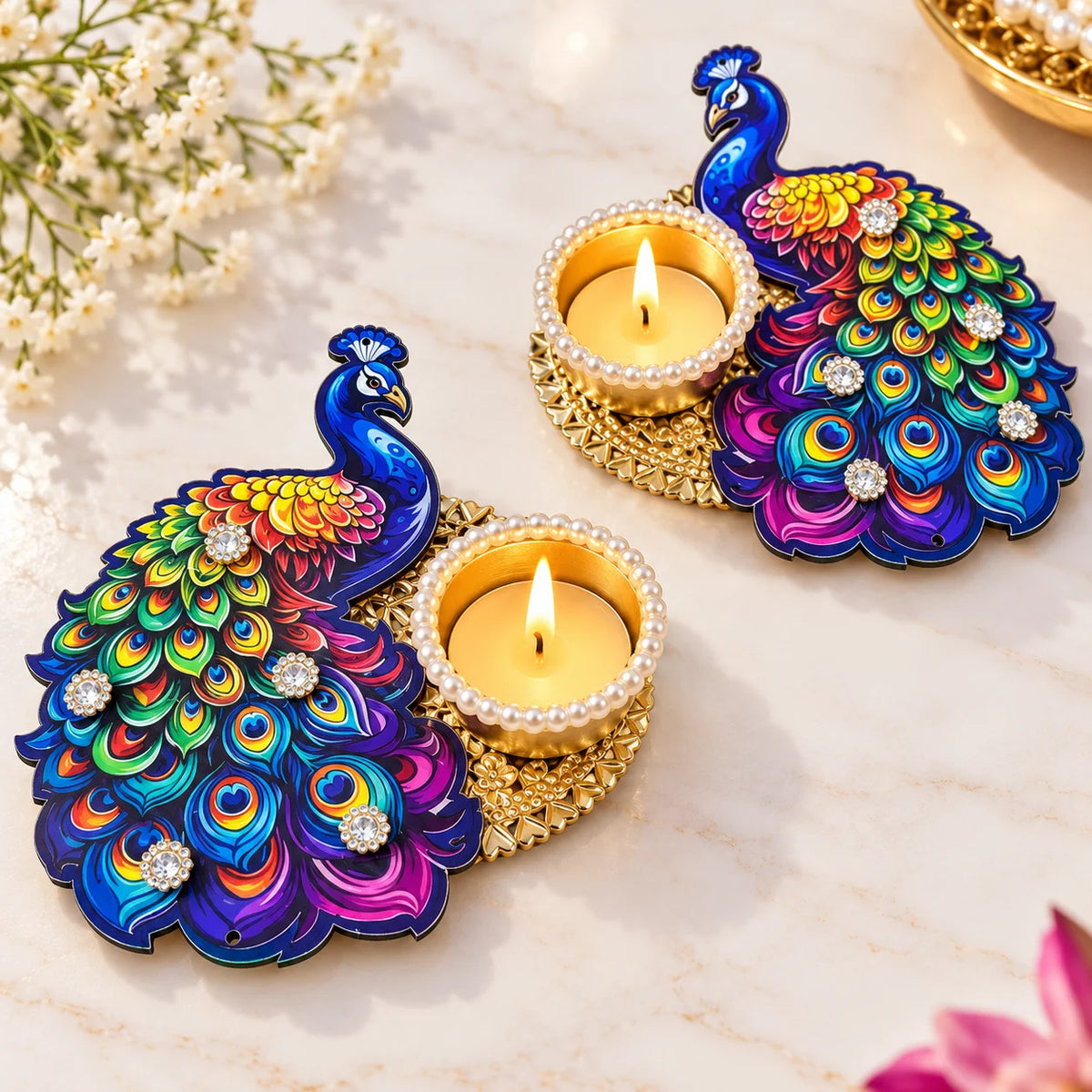 Designer peacock tealight candle holder 6 inch pair for Diwali home and pooja decoration