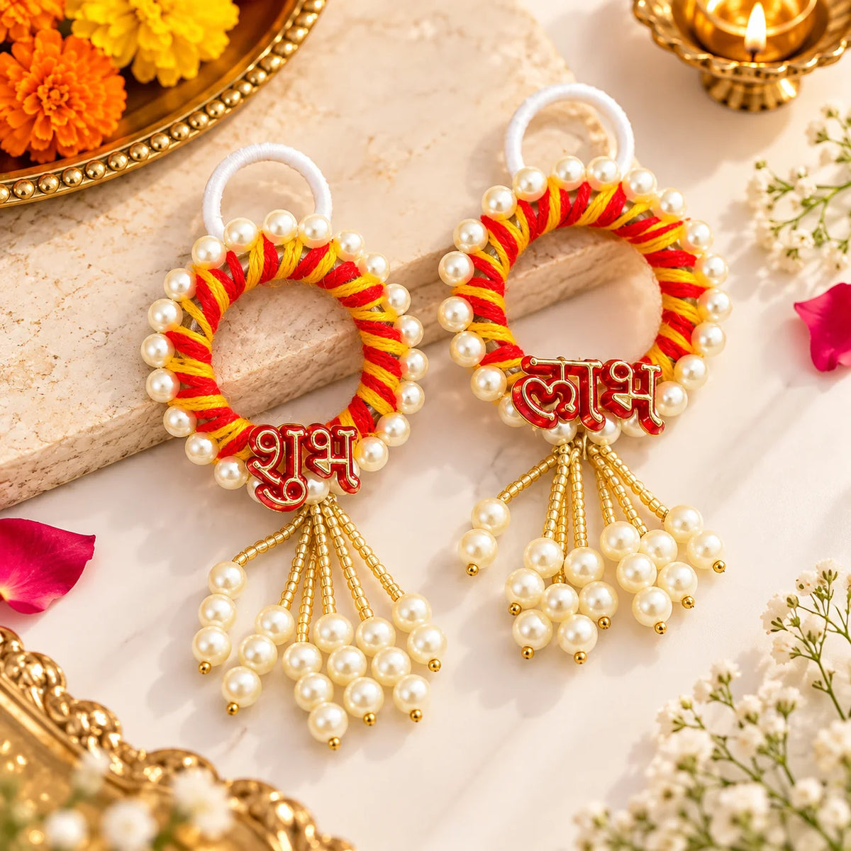 Designer Shubh Labh pearl hanging toran for Diwali door decoration and pooja room decor