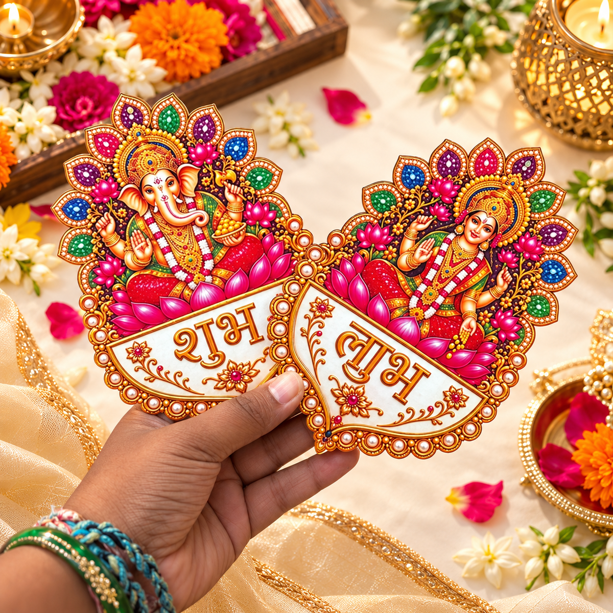 Designer Shubh Labh wall hanging pair featuring Ganesh Ji and Lakshmi Ji for Diwali home, main door and pooja room decoration.