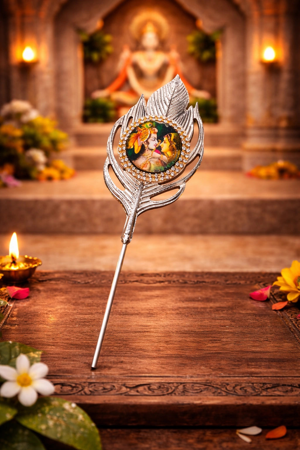 Silver finish Radha Krishna leaf tilak stick used for temple pooja and religious rituals