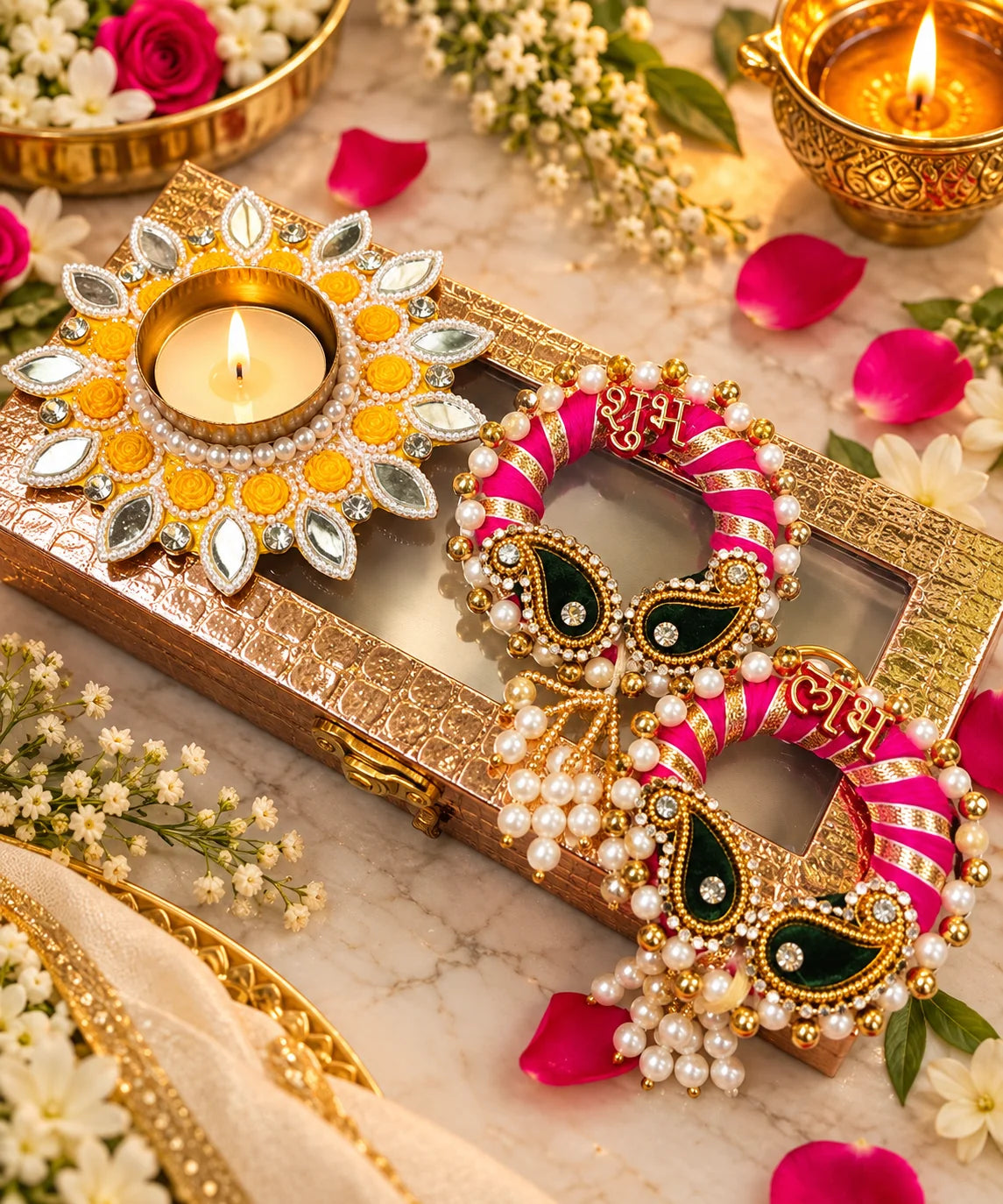 Shubh Labh tealight holder gift hamper with decorative box for Diwali gifting