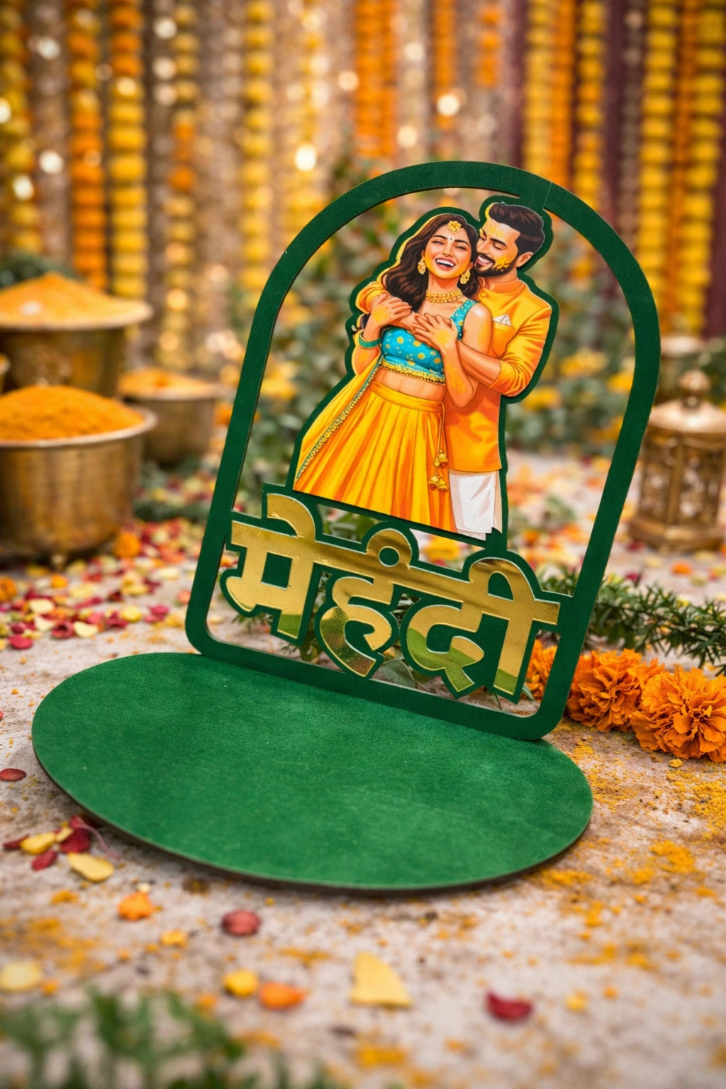 Traditional mehndi thali with elegant bride groom cutout for bridal functions