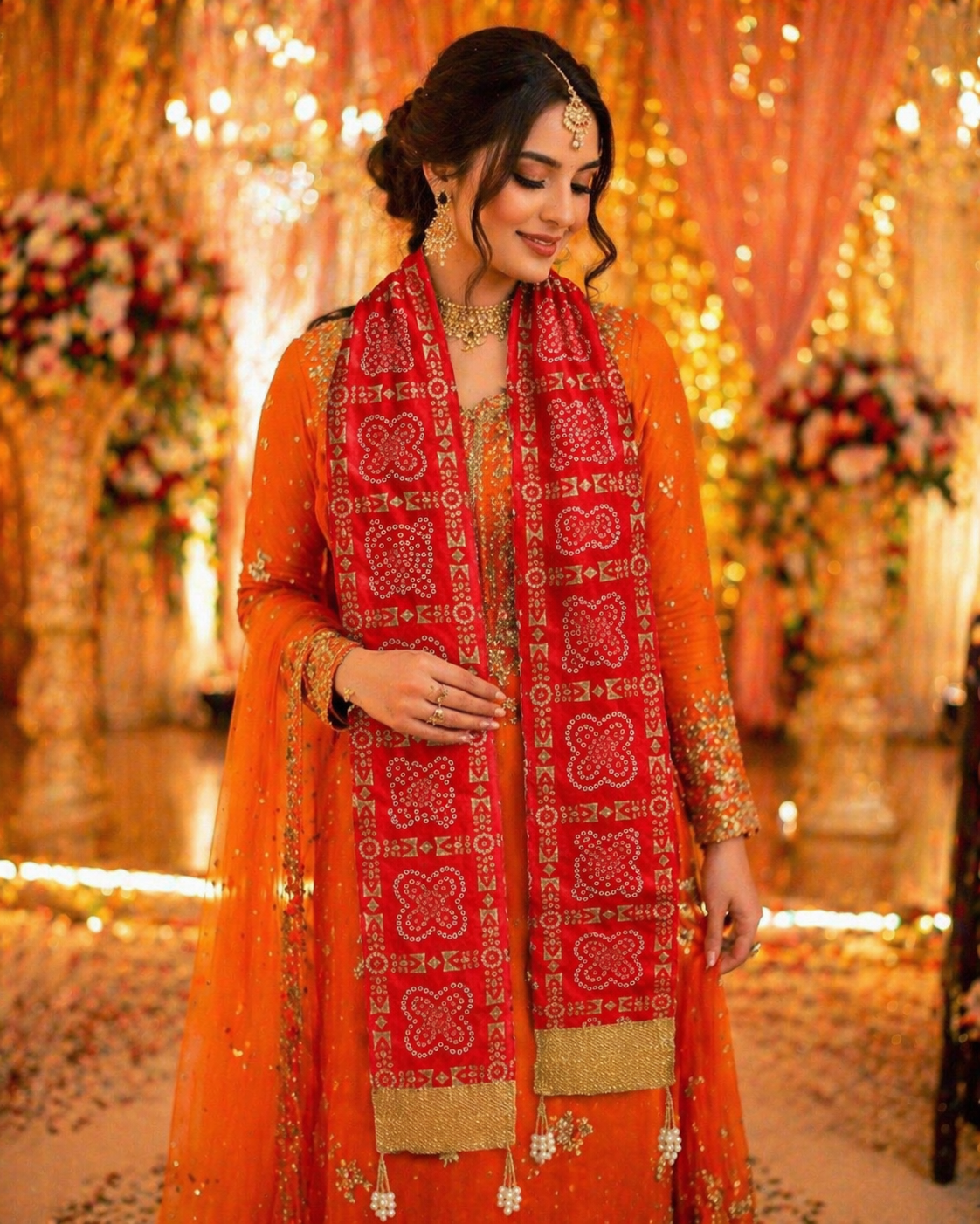 Traditional Red Bandhani Wedding Patka for Barat Swagat Ceremony