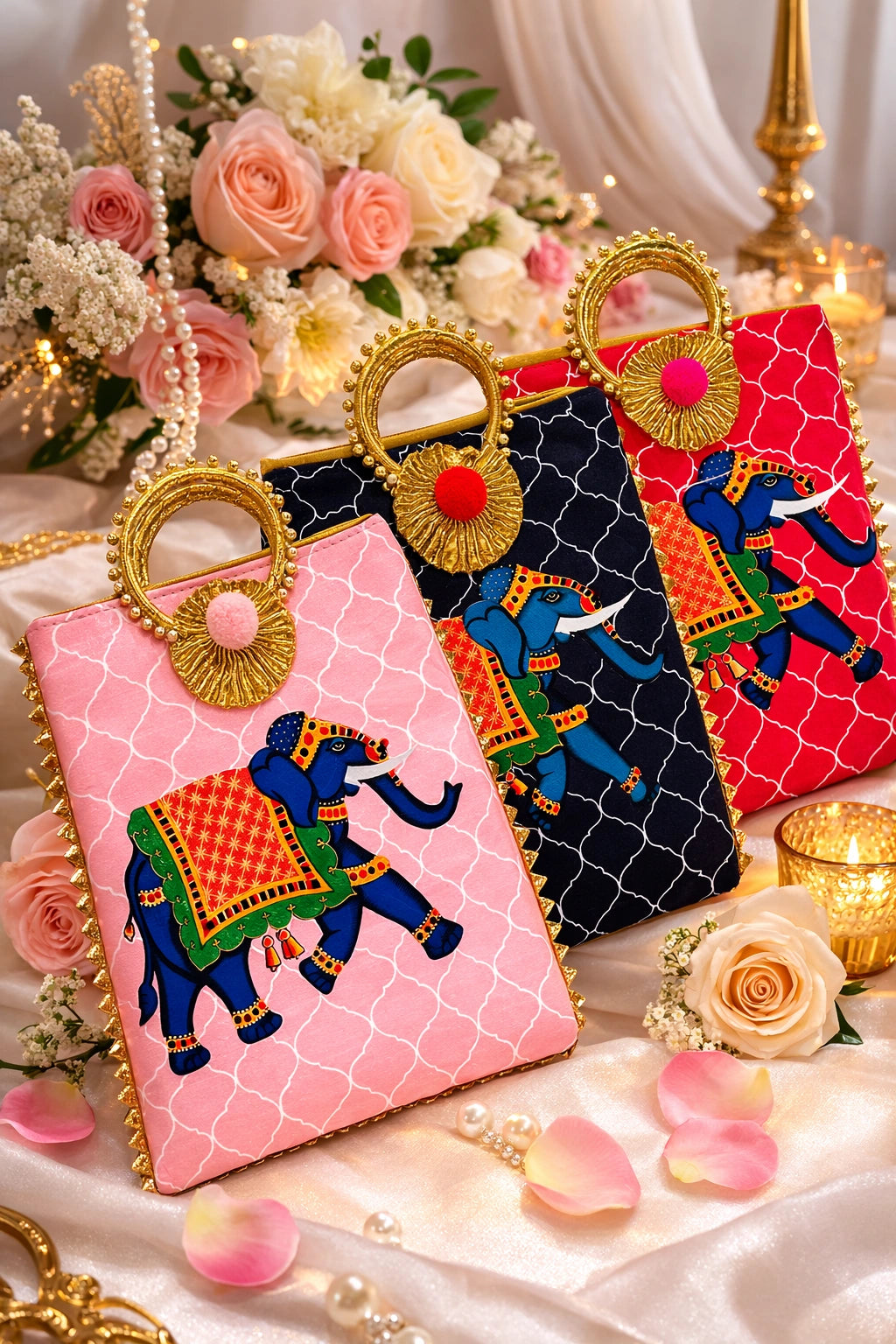 Pink satin wedding favor bag with traditional elephant print for bridal return gifts