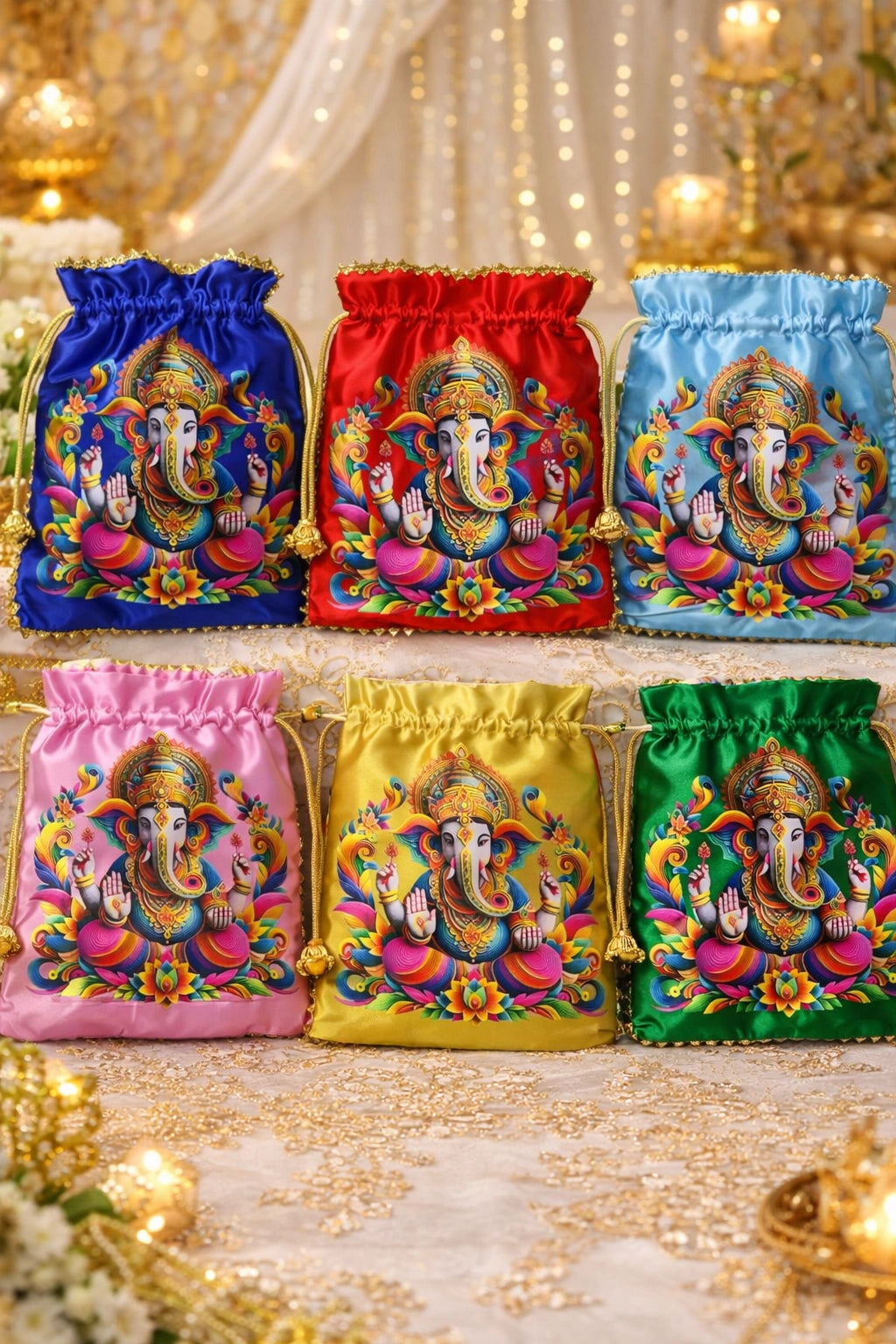 Elegant Ganesha design potli bag ideal for wedding favors, pooja gifts, and festive return gifting