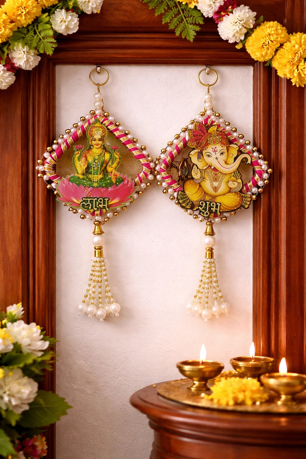 Shubh Labh wall hanging with pearls featuring Ganga Ji and Laxmi Ji
