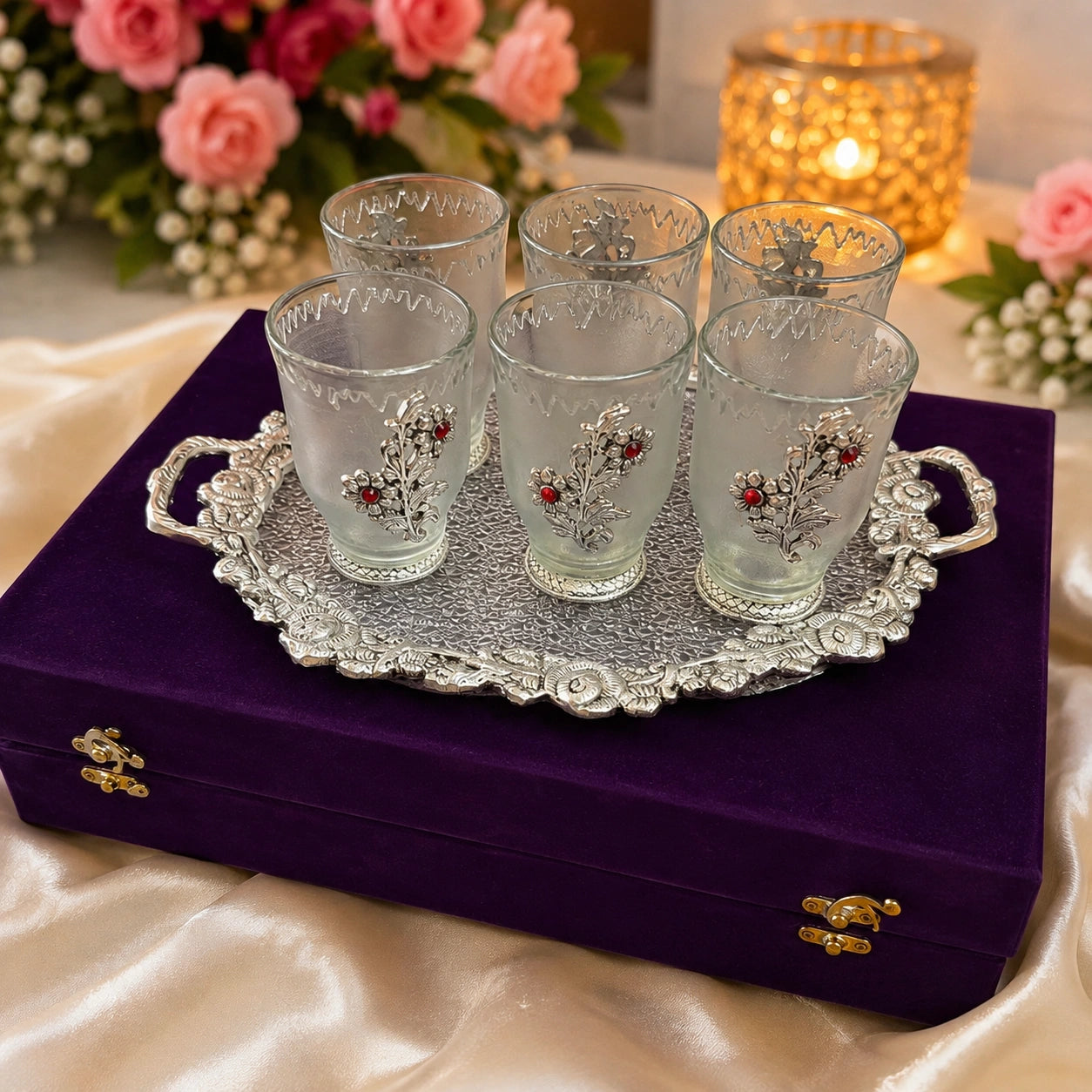 German silver floral tea glass set with designer serving tray and velvet gift box