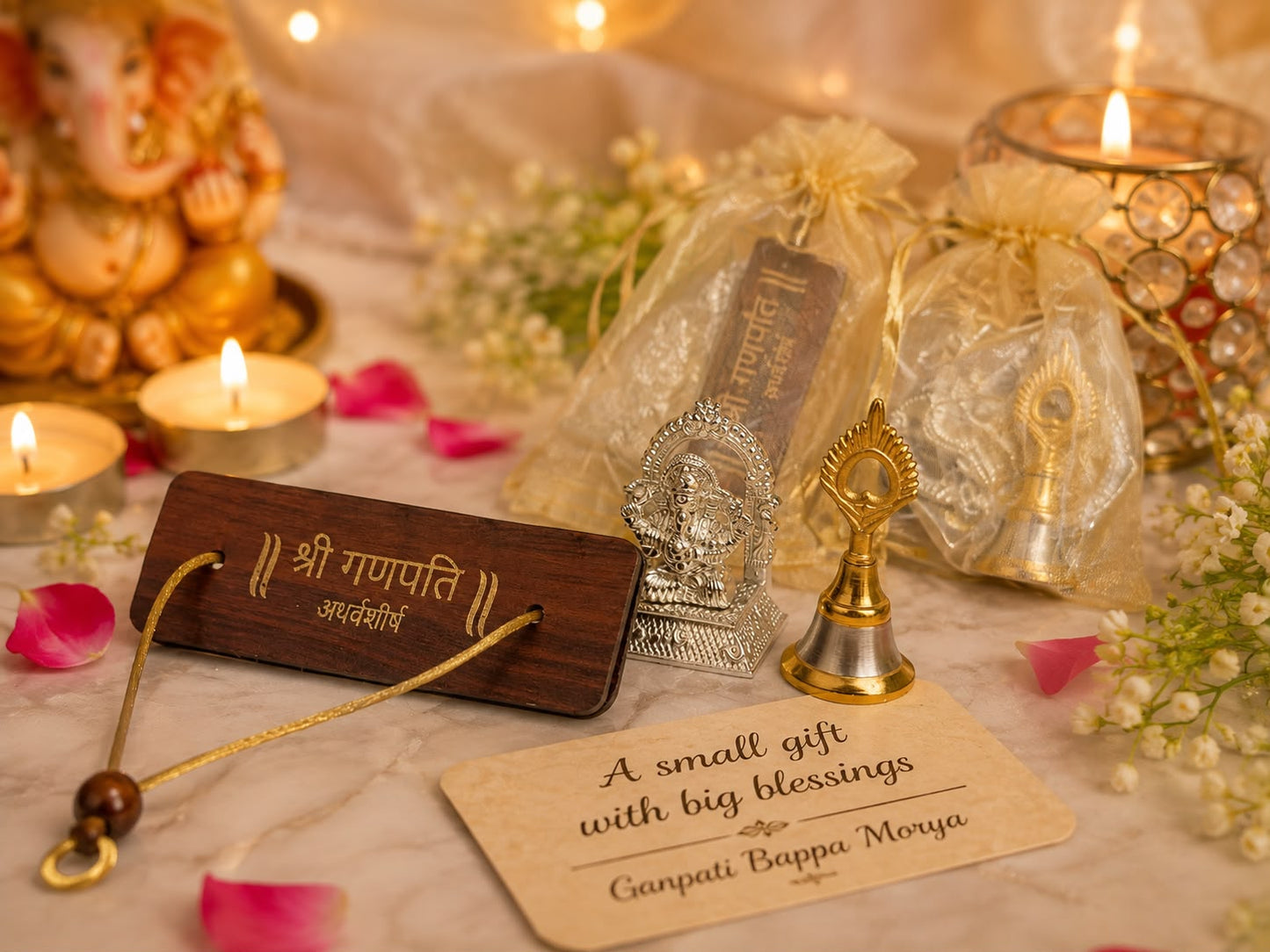 German Silver Ganesh Ji idol and decorative bell with Ganesh Atharvashirsha in potli gift set