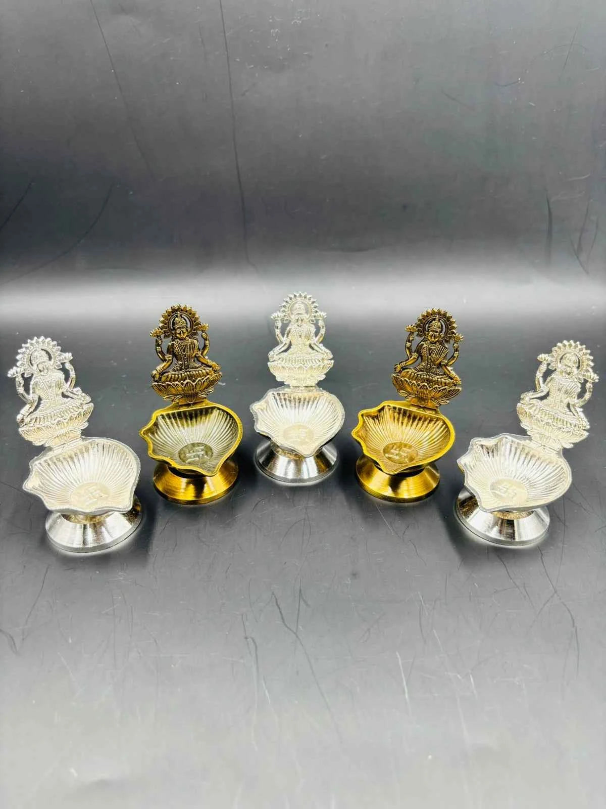 Decorative German Silver Diya with Goddess Lakshmi Design for Temple & Festive Use