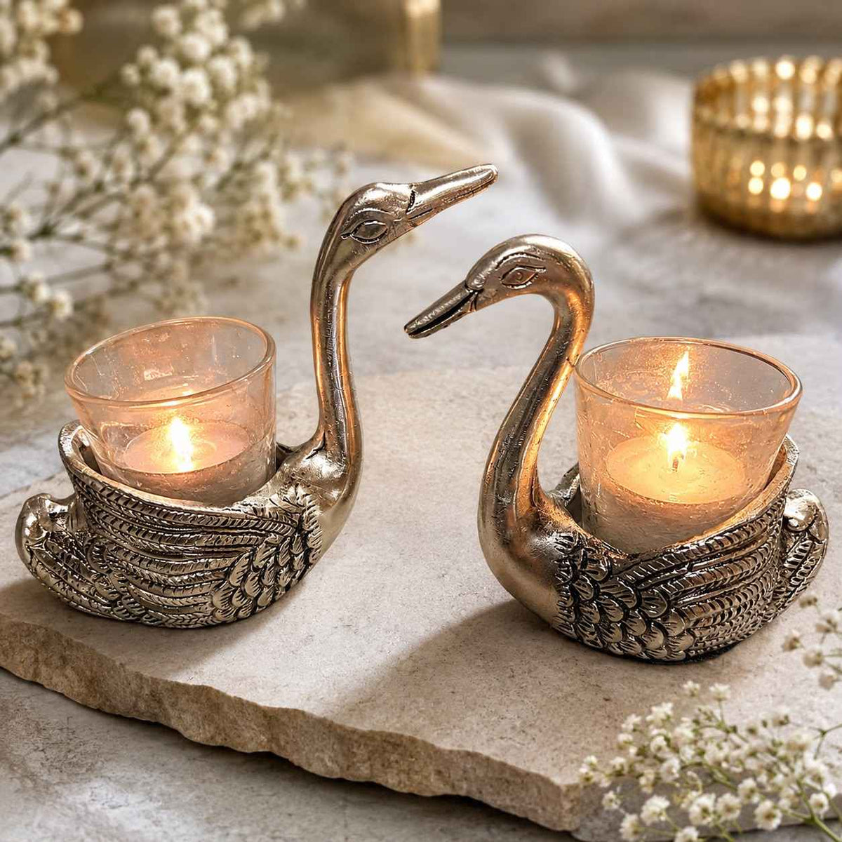 German Silver Swan Tealight Candle Holder Set for Home Decor | Luxury Silver Finish Votive Candle Stand | Wedding, Housewarming, Diwali & Anniversary Gift | Elegant Living Room & Table Decoration