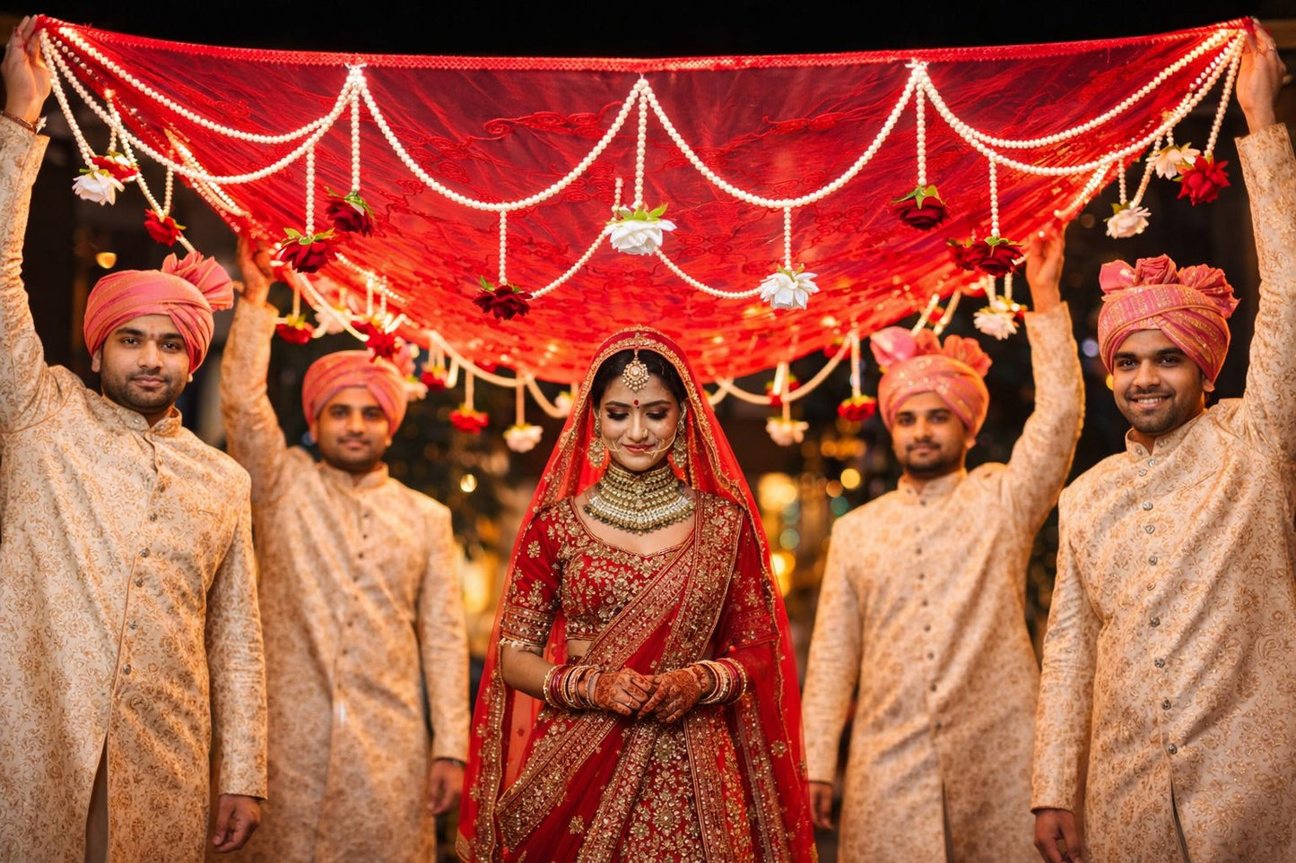 handcrafted bridal entry chadar in red net with elegant pearl design for wedding ceremony