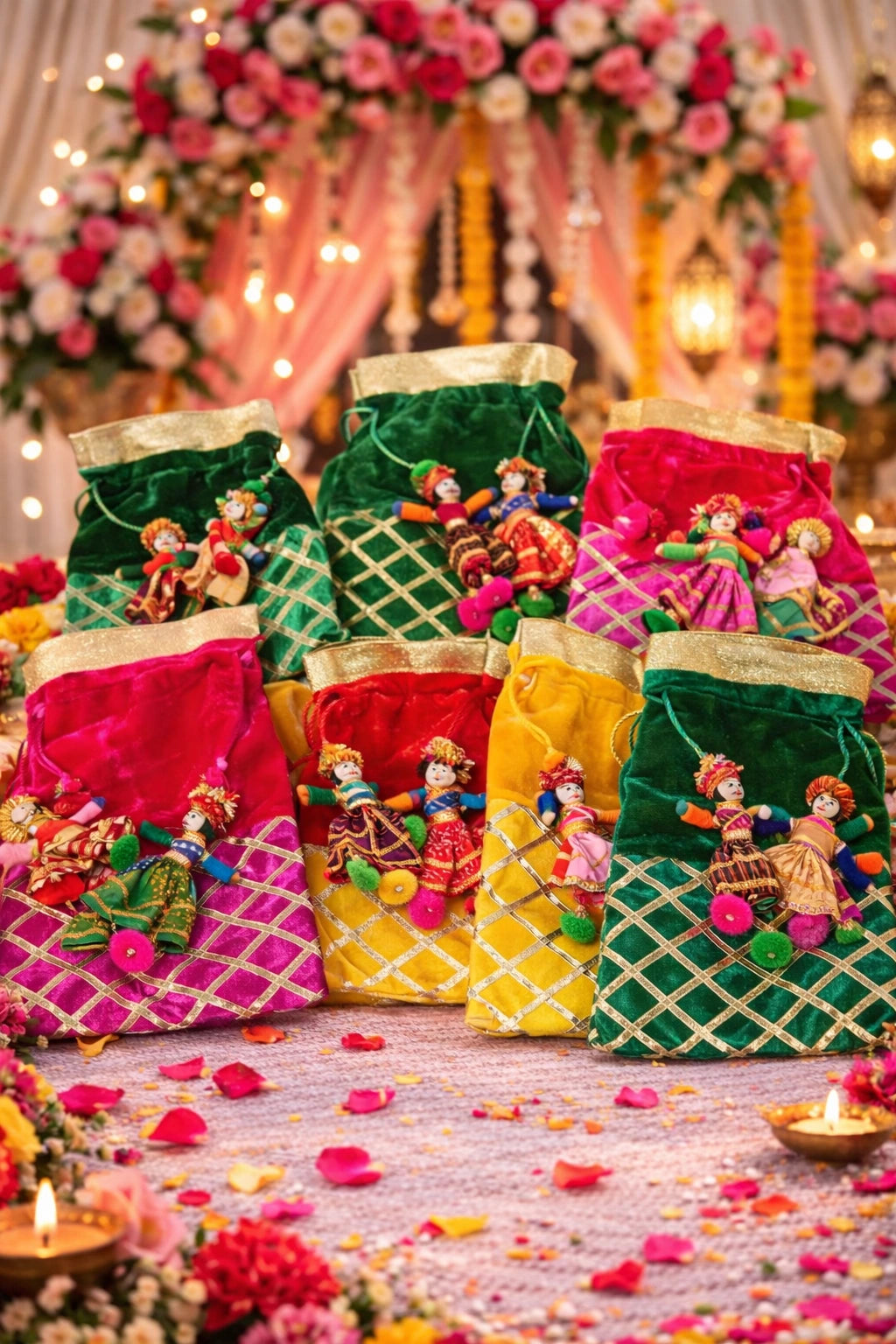 Handmade embroidered velvet potli bag with traditional Indian design, perfect for weddings, festive outfits, and gifting.