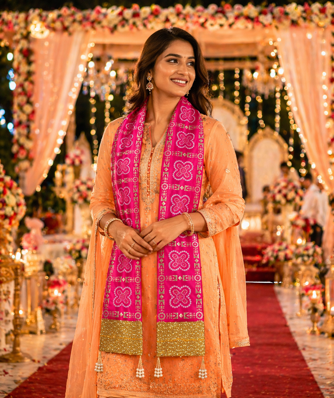 Pink Bandhej Dupatta with Golden Border
