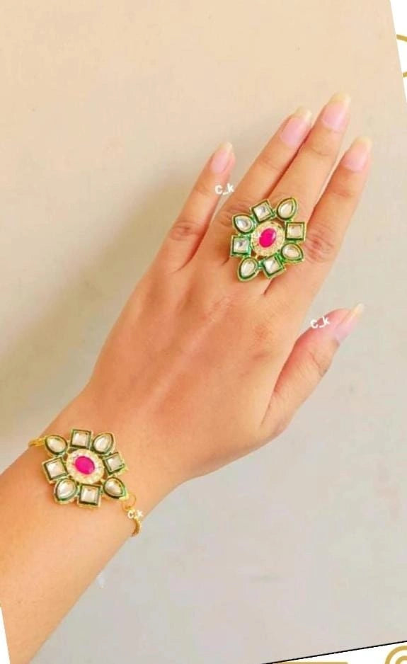 Traditional kundan design bracelet and ring combo set for wedding and festive wear
