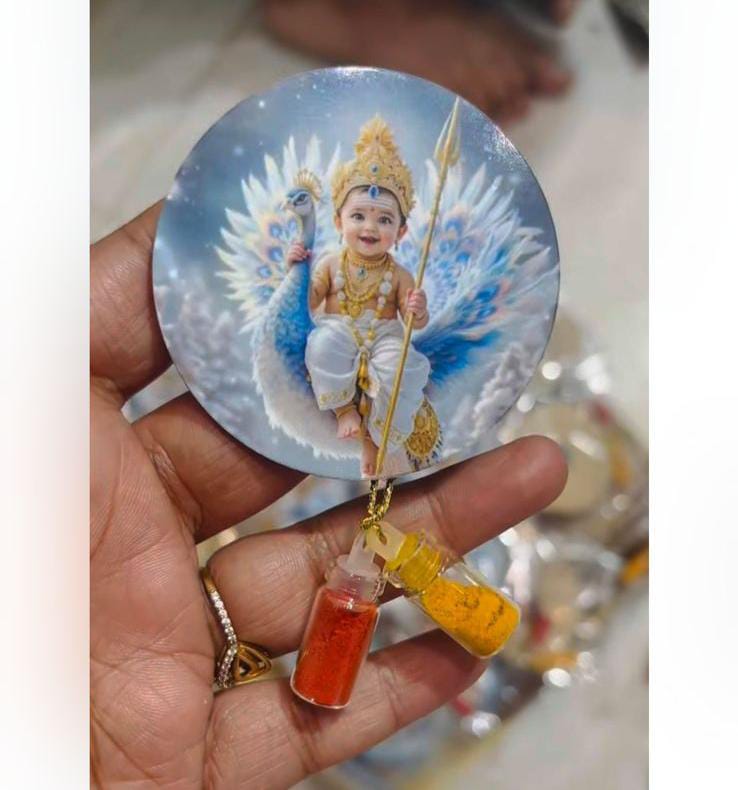 Lord Murugan baby theme decorative cutout with haldi kumkum bottles for South Indian pooja and functions