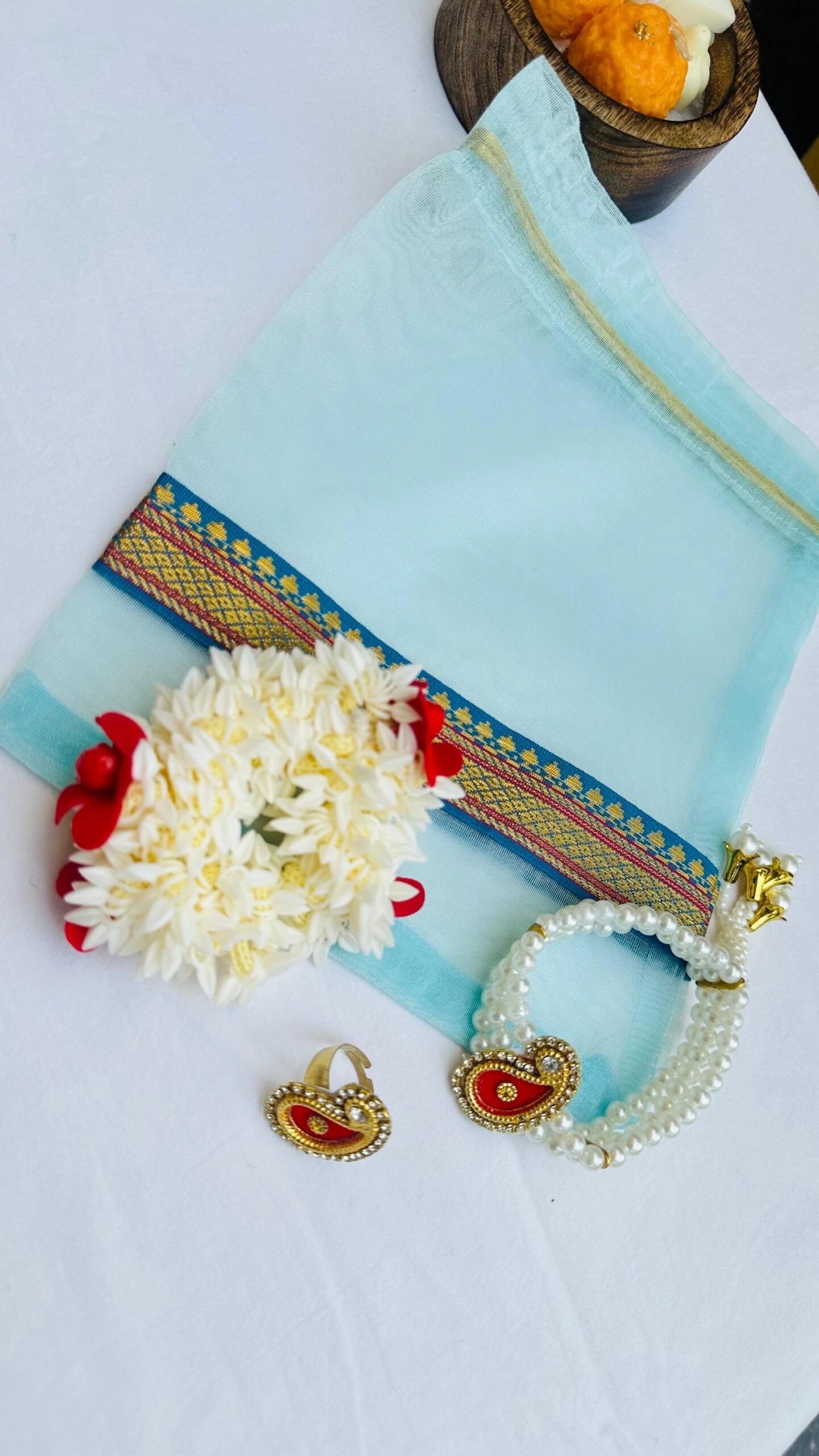 Mini hamper bag wedding return gift combo with bracelet ring and jagra for mehendi and haldi ceremony