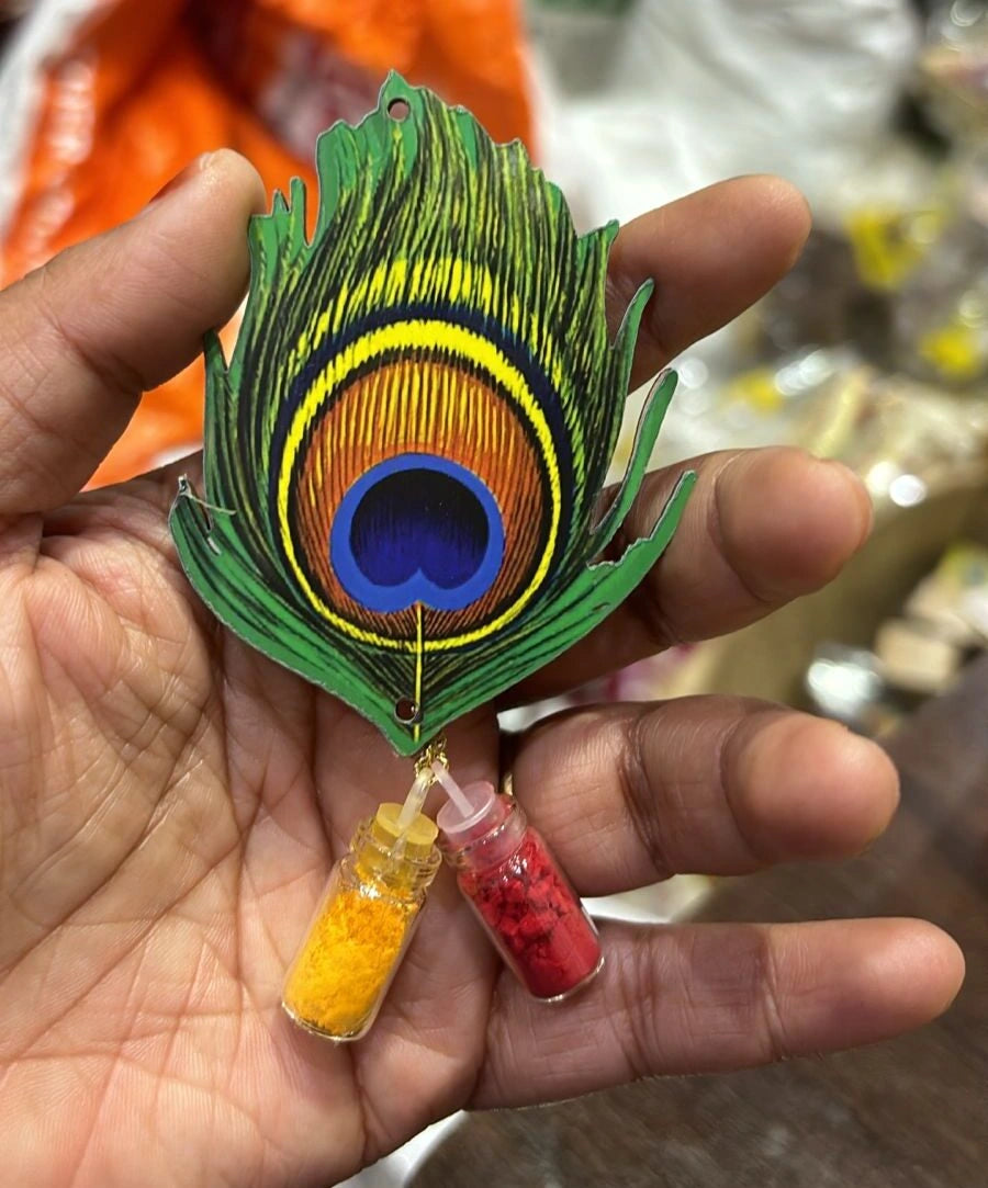 Morpankh haldi kumkum holder with peacock feather design and fridge magnet for pooja and gifting