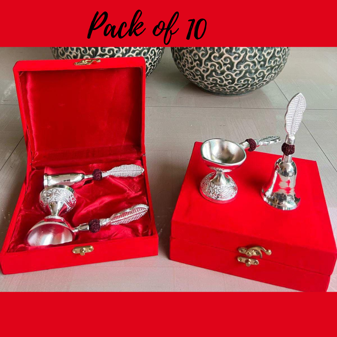 Premium German Silver Rudraksh Bell & Diya Set in Red Velvet Gift Box