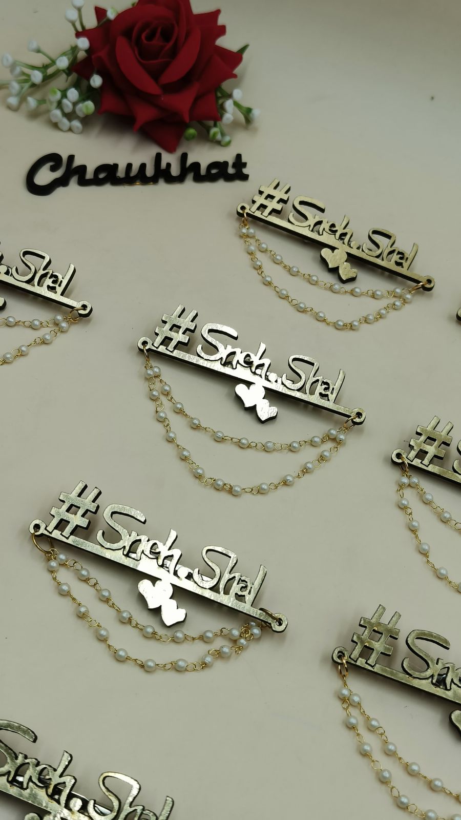 Custom name hashtag brooch for Indian wedding ceremony