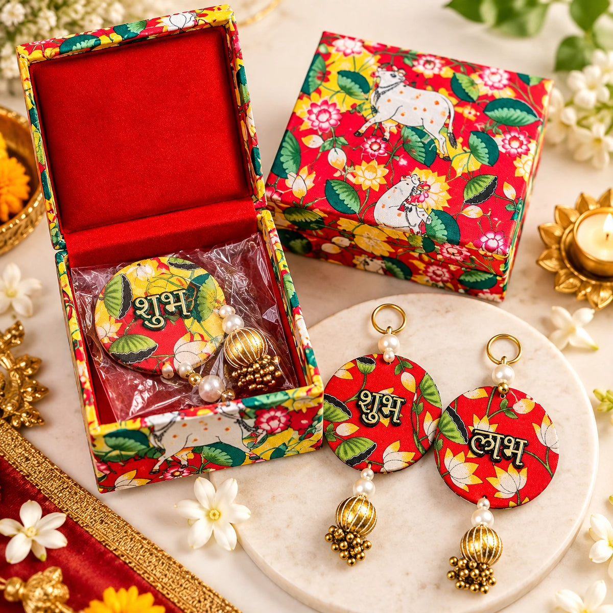 Pichwai Shubh Labh pair in designer floral box for Diwali and pooja room decor