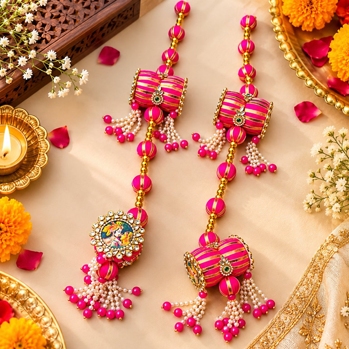 Pink and Gold Radha Krishna Designer Hanging Toran Pair with Pearl Tassels