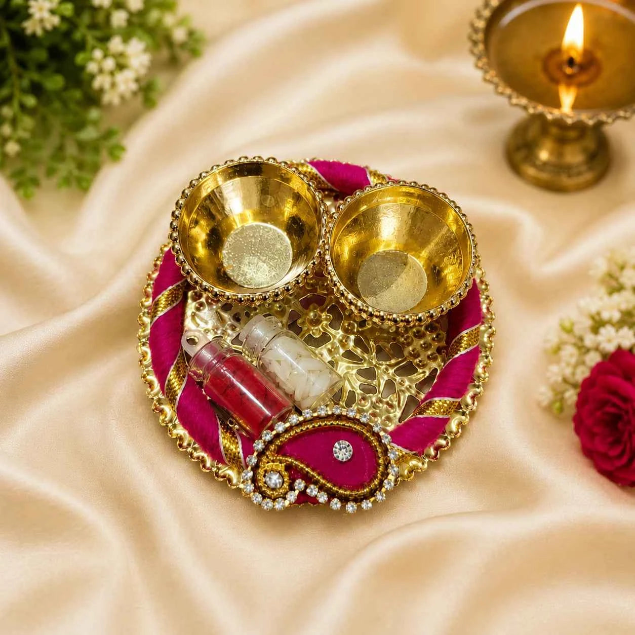 Traditional Haldi Kumkum Thali Set with Kumkum Chawal Bottles for Pooja & Festive Celebrations